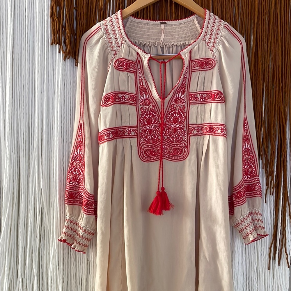 Free People Wind Willow Mini Peasant Dress - Red and Cream XS fits generous - Picture 4 of 8